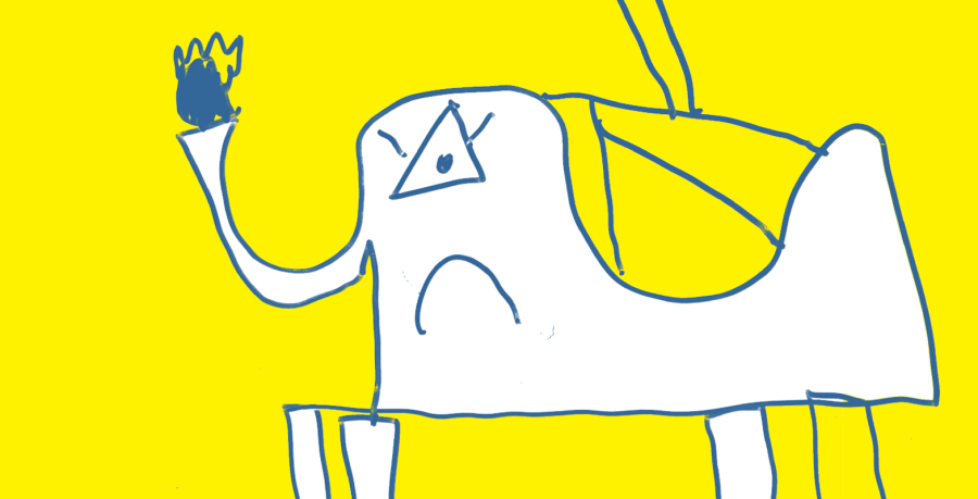 Bērnišķīgs zīmējums, kurā attēlots balts, abstrakts radījums ar dusmīgu seju un trīsstūra vienu aci, uz spilgti dzeltena fona.